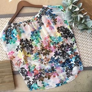 CAbi Off White Floral Sheer Blouse w/Keyhole Back